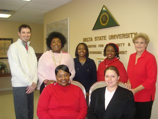 S.A.M. staff standing from left: Dr. John Green, Director Center for Community and Economic Development; Allie Quinn,  Lower Mississippi Delta Service Corps/AmeriCorps member; Antoria Pates AmeriCorps*VISTA; Judith Winford, Asthma Resource Nurse and Program Leader,  and Brenda Canady, Community Health Worker; sitting front: Kamaria Royster, AmeriCorps*VISTA member, and Courtney McClain, volunteer.